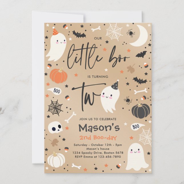Cute Halloween Ghost Little Boo 2nd Birthday Party Invitation (Front)