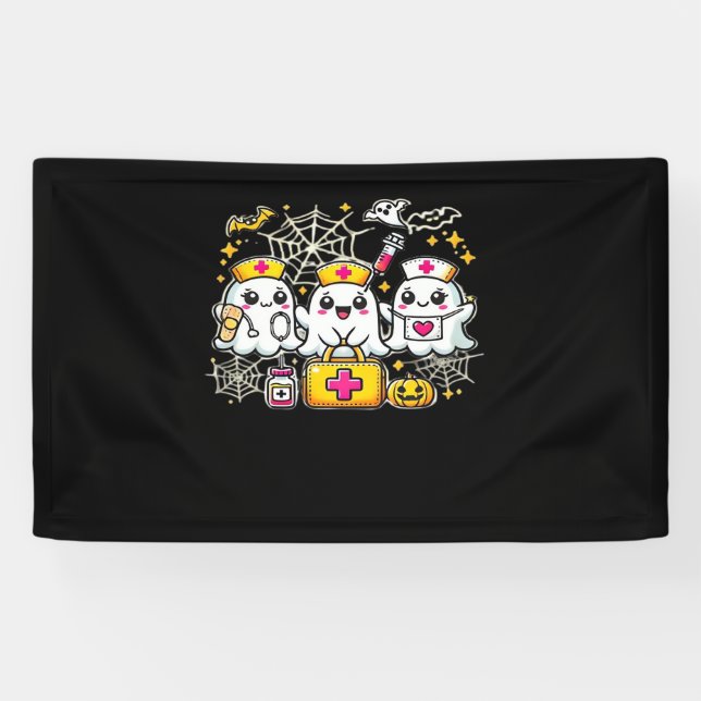 Cute Halloween Ghost Nurse Trio with Medical Kit a Banner (Horizontal)