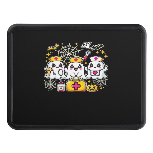 Cute Halloween Ghost Nurse Trio with Medical Kit a Trailer Hitch Cover (Front)