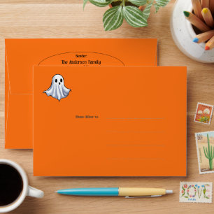 Cute Halloween Ghost on Bright Orange Envelope