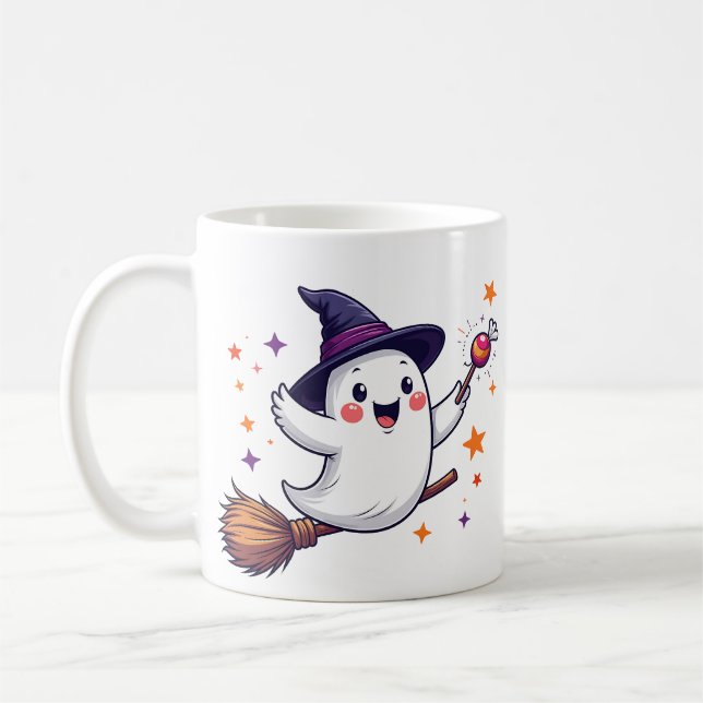 Cute halloween ghost on broomstick mug (Left)