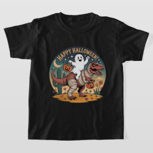 Cute Halloween, Ghost on Mummy T-Rex with Pumpkins T-Shirt
