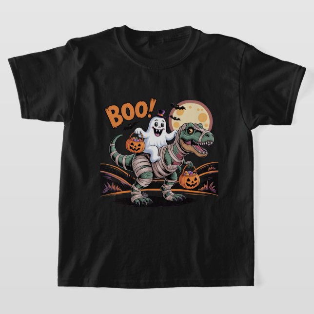 Cute Halloween, Ghost on Mummy T-Rex with Pumpkins T-Shirt (Laydown)