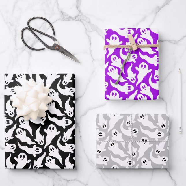 Cute Halloween Ghost Pattern Black Grey Purple Wrapping Paper Sheet (Front)