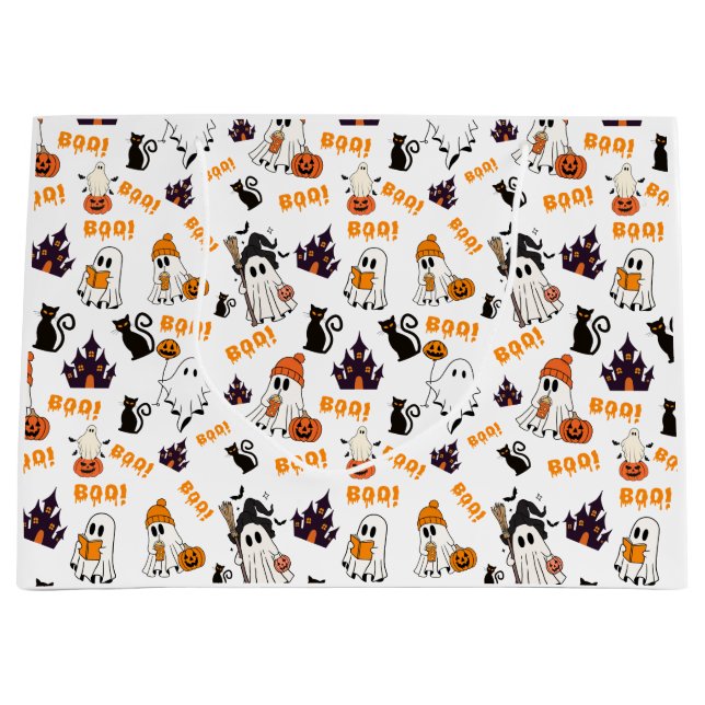 Cute Halloween Ghost Pattern – Spooky Black Cats Large Gift Bag (Front)