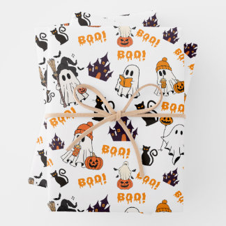 Cute Halloween Ghost Pattern – Spooky Black Cats Wrapping Paper Sheet