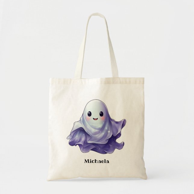 Cute Halloween Ghost Personalized Name Tote Bag (Front)
