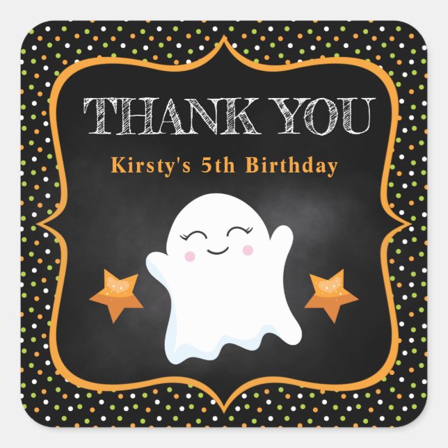 Cute Halloween Ghost & Polka Dots Birthday Square Sticker (Front)