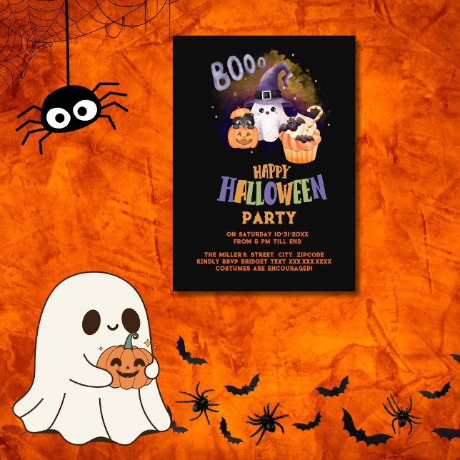 cute Halloween Ghost & Pumpkin black party  Invitation (Creator Uploaded)