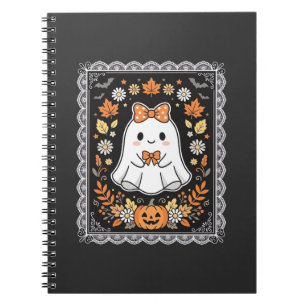 Cute Halloween Ghost Pumpkin Floral T-Shirt Design Notebook