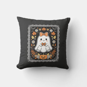 Cute Halloween Ghost Pumpkin Floral T-Shirt Design Throw Pillow