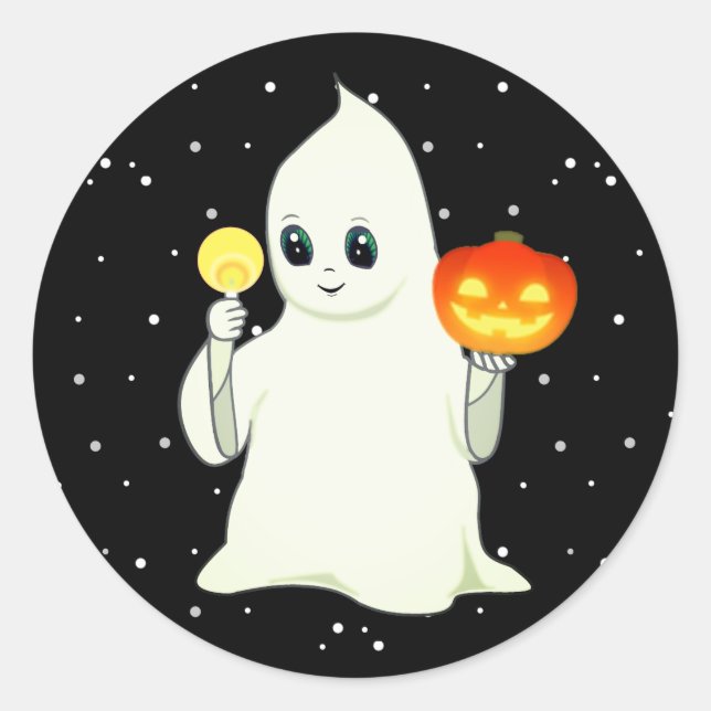 Cute Halloween Ghost & Pumpkin on Black Classic Ro Classic Round Sticker (Front)