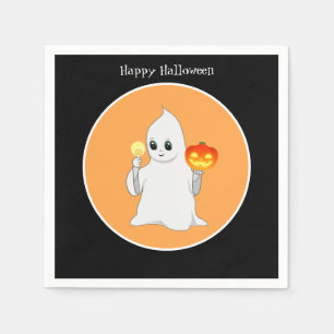 Cute Halloween Ghost & Pumpkin on Black & Orange Napkin