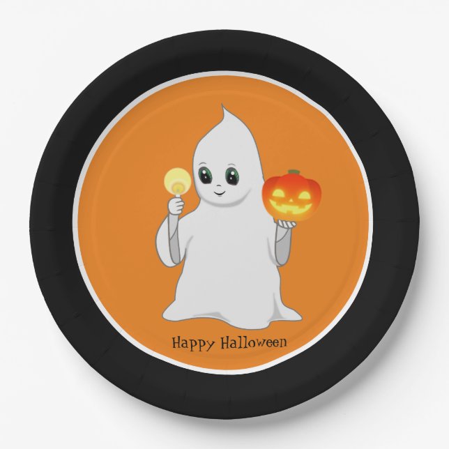 Cute Halloween Ghost & Pumpkin on Orange & Black Paper Plate (Front)
