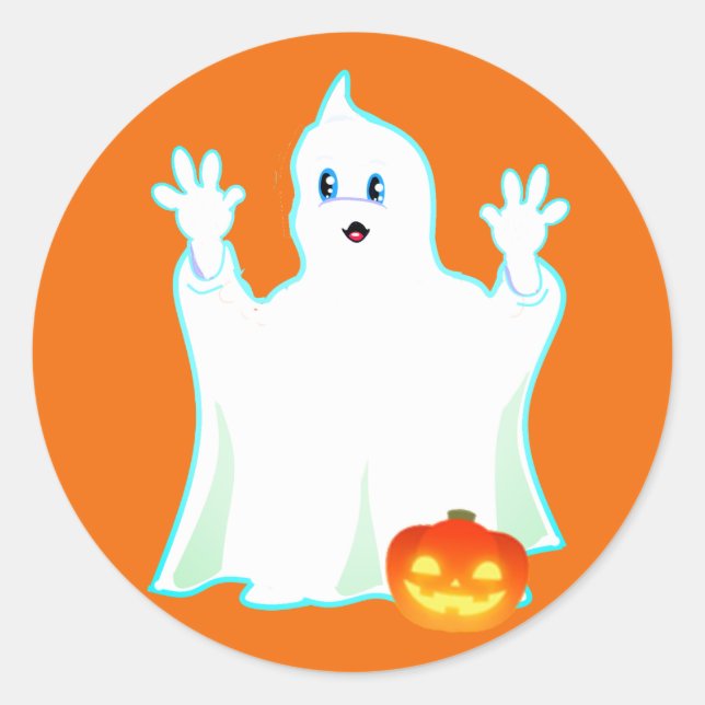 Cute Halloween Ghost & Pumpkin on Orange Classic R Classic Round Sticker (Front)