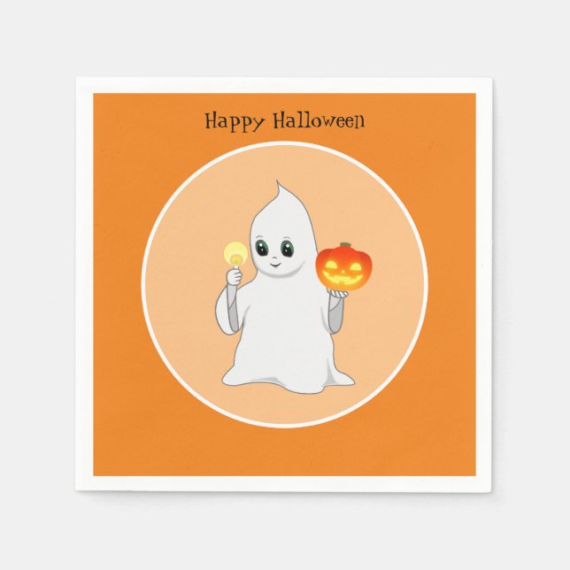 Cute Halloween Ghost & Pumpkin on Orange Napkin (Front)