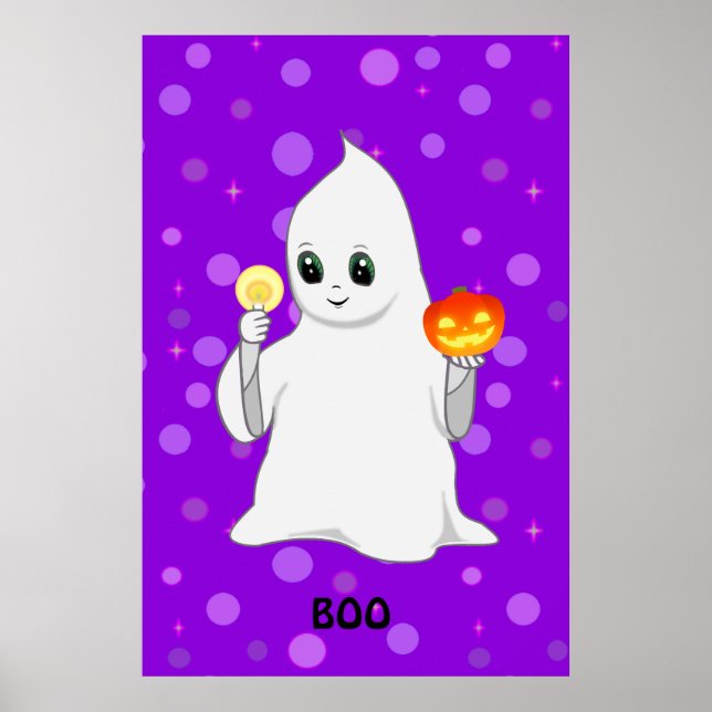 Cute Halloween Ghost & Pumpkin on Purple Poster (Front)