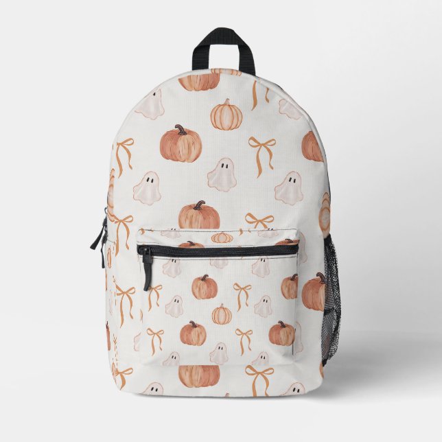 Cute Halloween Ghost & Pumpkin Pattern | Orange Bo Printed Backpack (Front)