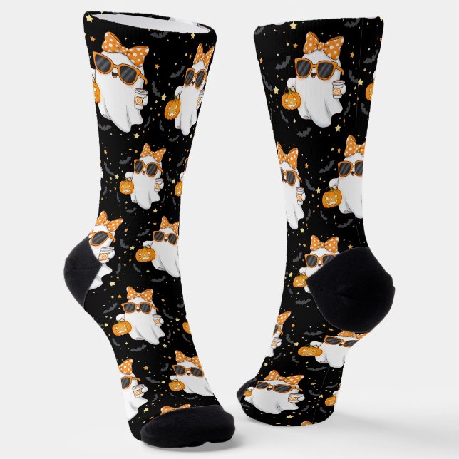 Cute Halloween Ghost Pumpkin Spice Personalized Socks (Angled)