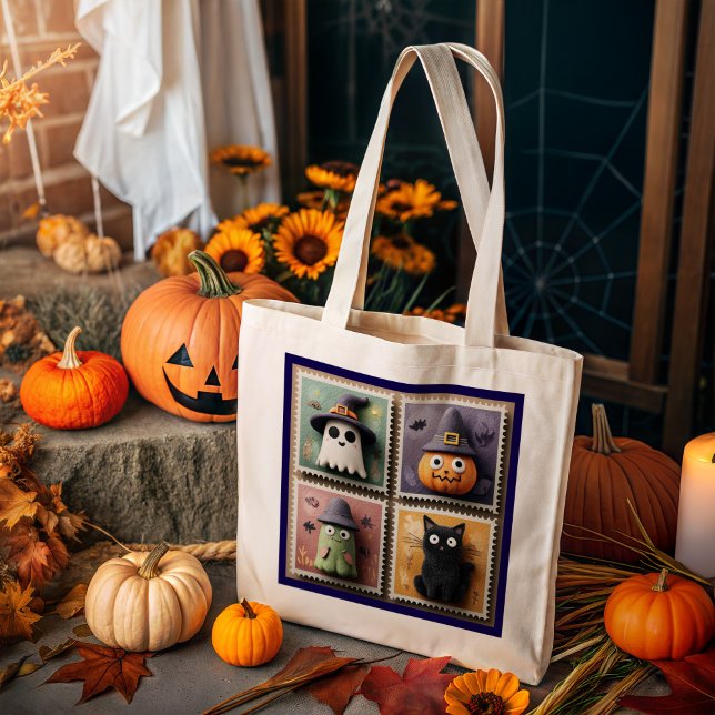 Cute Halloween Ghost, Pumpkin, Zombie & Cat Stamp  Large Tote Bag (Creator Uploaded)