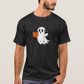 Cute Halloween Ghost Reading a Book with Black Cat T-Shirt