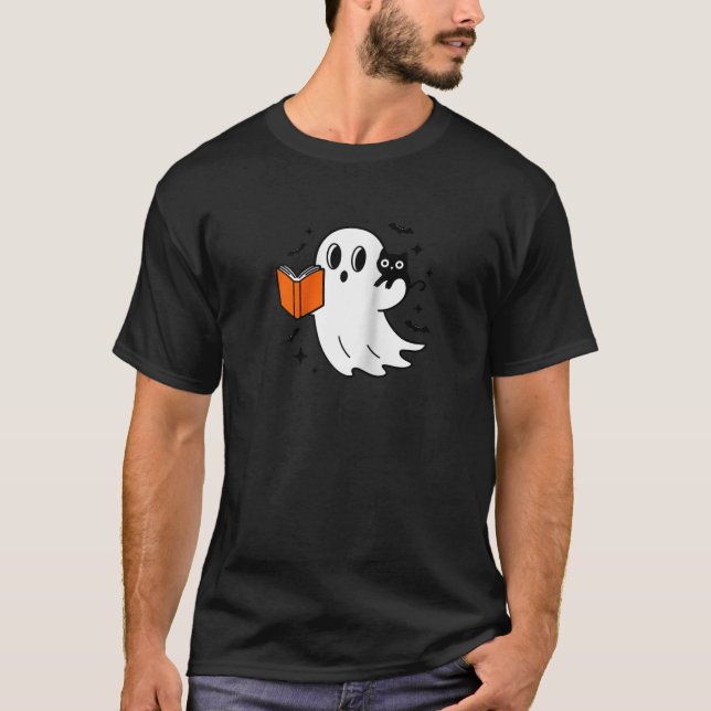 Cute Halloween Ghost Reading a Book with Black Cat T-Shirt (Front)
