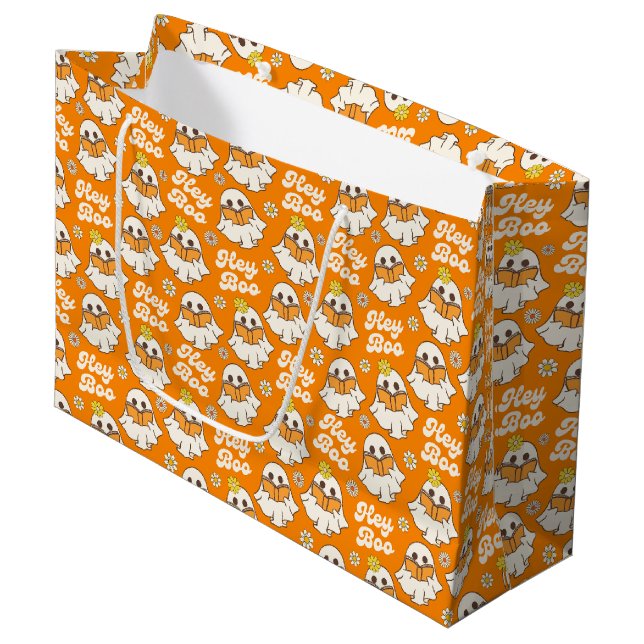 Cute Halloween Ghost Retro Spooky Boo Orange Large Gift Bag (Front Angled)