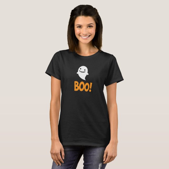 Cute Halloween Ghost Saying Boo! T-Shirt (Front Full)