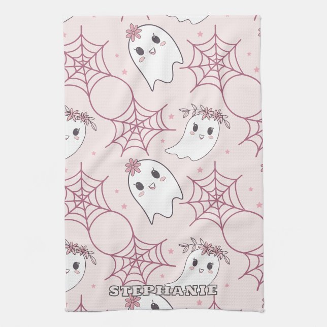 Cute Halloween Ghost & Spiderweb Pattern (2) Kitchen Towel (Vertical)