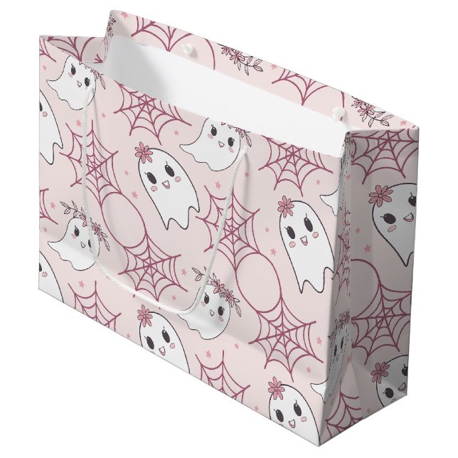 Cute Halloween Ghost & Spiderweb Pattern (2) Large Gift Bag (Front Angled)