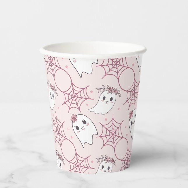 Cute Halloween Ghost & Spiderweb Pattern (2) Paper Cups (Front)