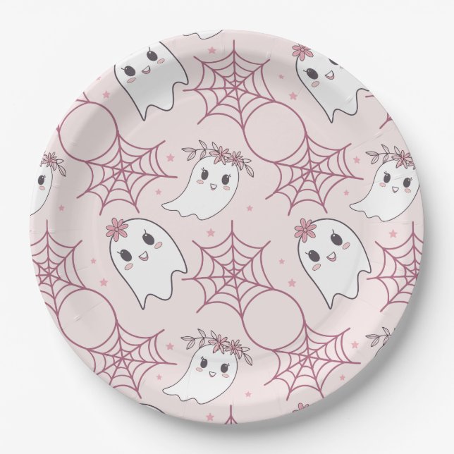 Cute Halloween Ghost & Spiderweb Pattern (2) Paper Plate (Front)
