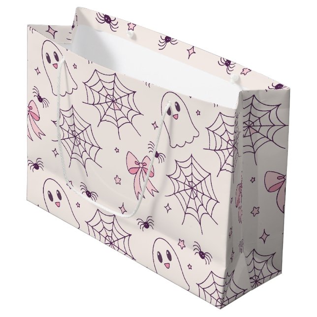 Cute Halloween Ghost & Spiderweb Pattern Large Gift Bag (Front Angled)