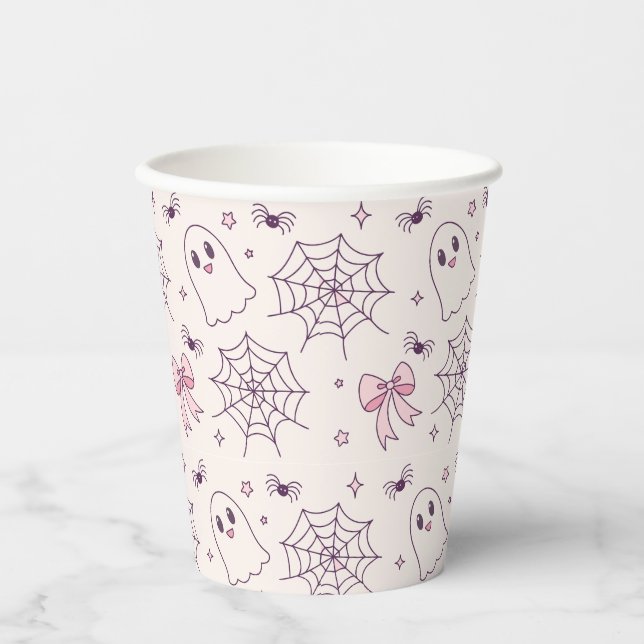 Cute Halloween Ghost & Spiderweb Pattern Paper Cups (Front)