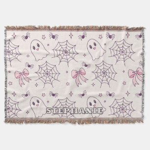 Cute Halloween Ghost & Spiderweb Pattern Throw Blanket