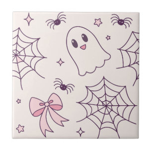 Cute Halloween Ghost & Spiderweb Pattern Tile