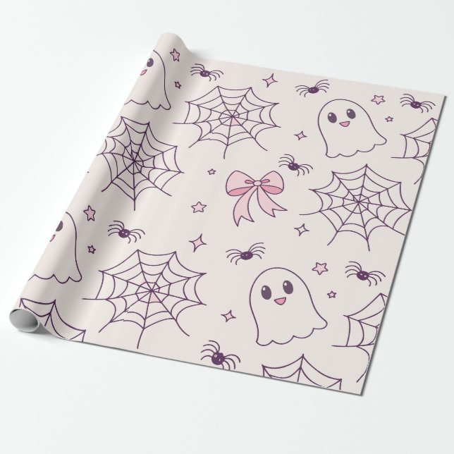 Cute Halloween Ghost & Spiderweb Pattern Wrapping Paper (Unrolled)
