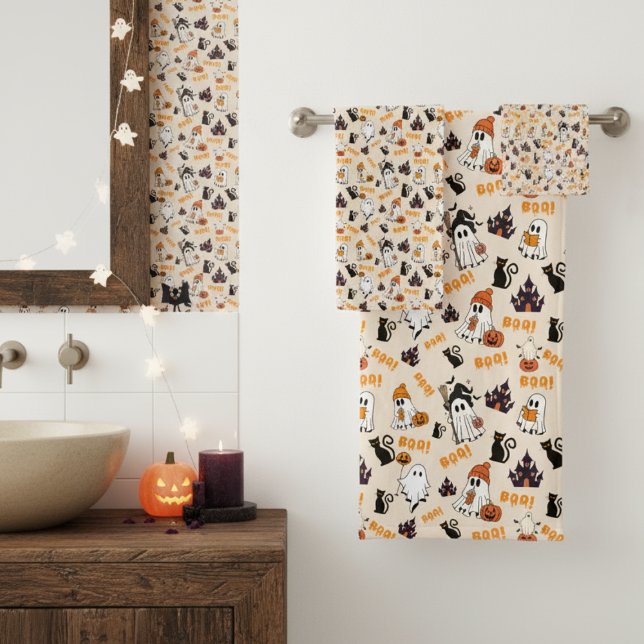 Cute Halloween Ghost Spooky Ghosts, Pumpkins,  Bath Towel Set (Creator Uploaded)
