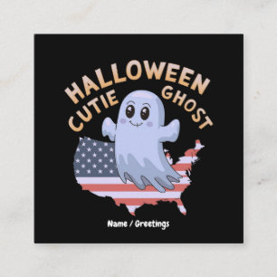 Cute Halloween Ghost USA Flag Kawaii Spooky Season Square Business Card