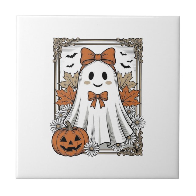 Cute Halloween Ghost Vintage Engraving Shirt Desig Tile (Front)