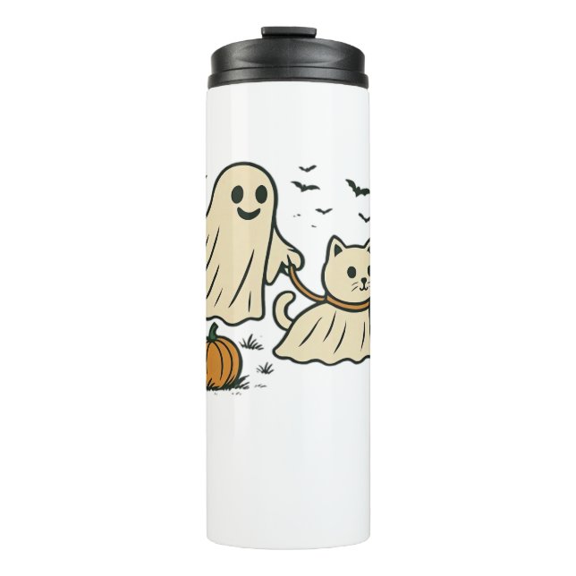 Cute Halloween Ghost Walking Ghost Cat Classic T-S Thermal Tumbler (Front)