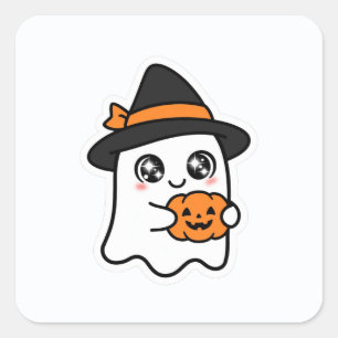 Cute Halloween Ghost Witch Pumpkin Square Sticker