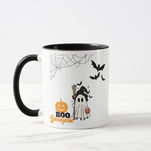 Cute Halloween Ghost Witch with Broom and Pumpkin  Mug (Left)