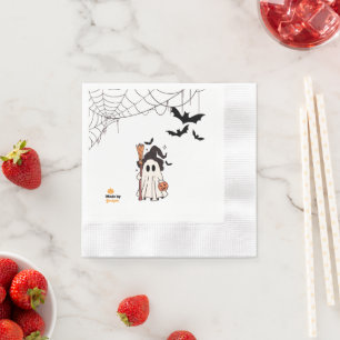 Cute Halloween Ghost Witch with Broom and Pumpkin Napkin