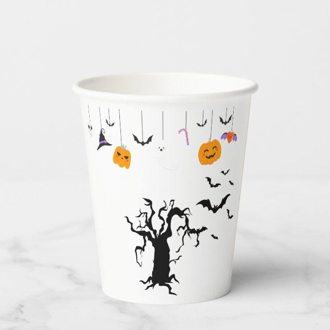 Cute Halloween Ghost Witch with Broom and Pumpkin  Paper Cups (Back)