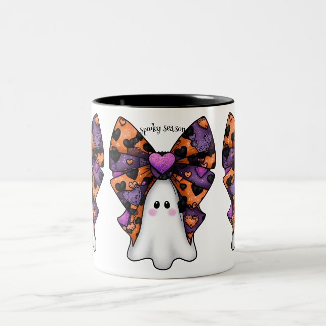Cute Halloween Ghost with Big Bow Two-Tone Coffee Mug (Center)
