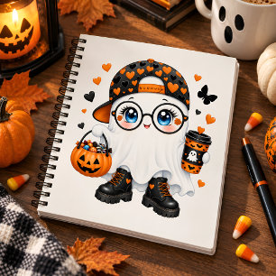 Cute Halloween Ghost with Coffee and Pumpkin Notebook