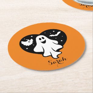 Cute Halloween Ghost With Heart And Bat Round Paper Coaster
