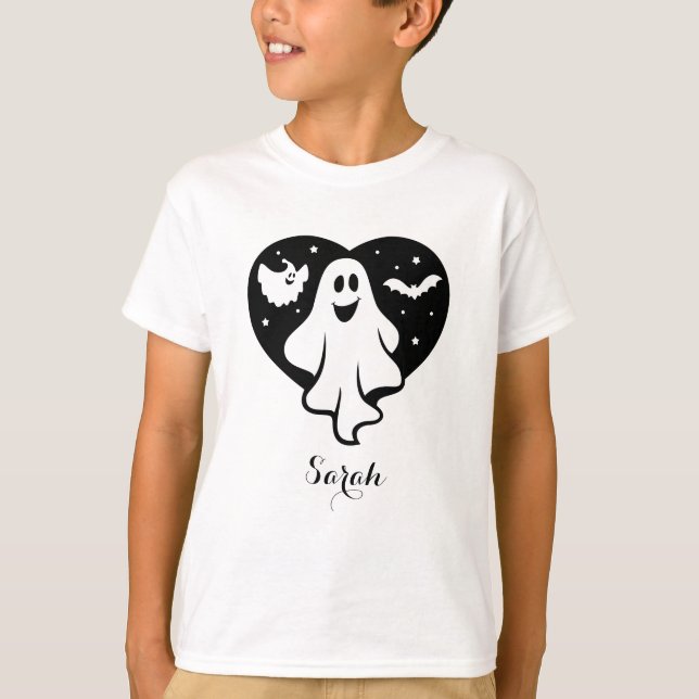 Cute Halloween Ghost With Heart And Bat T-Shirt (Front)