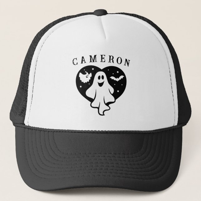 Cute Halloween Ghost With Heart And Bat Trucker Hat (Front)